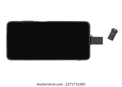 A close up of USB OTG. Type C to Type A adapters with isolated on a white background. technology product photo concept.	