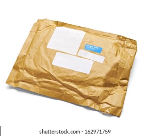 Close Up Of An Used Open Mail Package On White Background With Clipping Path