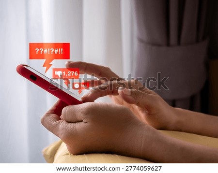 Close up of user receiving negative reactions and abusive messages on smartphone. Cyberbullying, online harassment, digital toxicity, social media pressure, and mental health impact in communication.