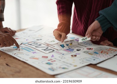 Close up ux developer and ui designer brainstorming interface wireframe design.Creative digital development agency