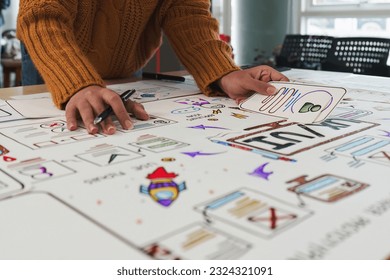 Close up ux developer and ui designer brainstorming interface wireframe design.Creative digital development agency