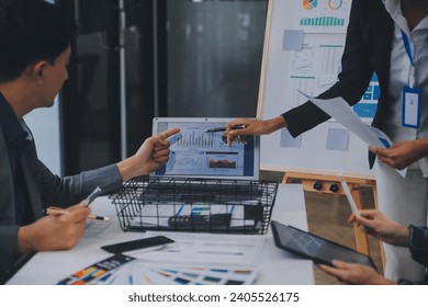 Close up ux developer and ui designer use augmented reality brainstorming about mobile app interface wireframe design on desk at modern office.Creative digital development agency
