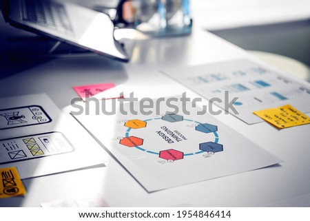 close up ux ui prototype design and business strategy plan for develop mobile app on brainstorming conference table in digital design agency company
