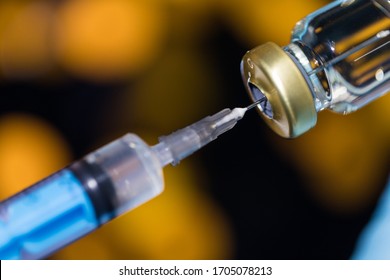 Close up vaccine vial dose flu shot drug needle syringe, medical concept vaccination hypodermic injection treatment, disease care hospital prevention, immunization illness disease isolated background.