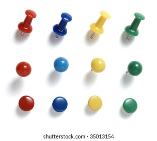close up of various pushpins  on white background with clipping path - Shutterstock ID 35013154