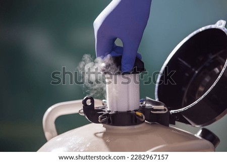 Close up of veterinarian hand with gloves opening liquid nitrogen tank with bull sperm for artificial insemination of cows