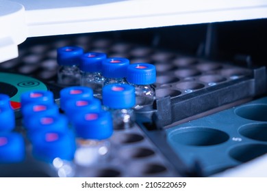 Close Up Vials With Blue Caps In The Rack Of Auto Sample For LC MS Analysis. Research Experiment Of Vaccine. Clinical Analysis To Detect Diseases.