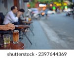 Close up of Vietnam milk iced coffee, street and daily drinks of people
