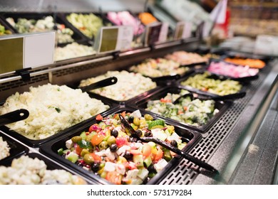 Close Up View Of An Appetizing Buffet Of Prepared Meal In Grocery Store