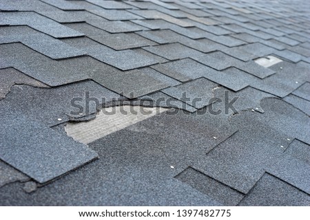 Close up view of asphalt shingles roof damage that needs repair.