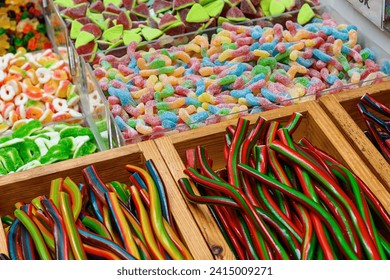 Close up view of assorted colorful different shape jelly candies on market in Budapesht