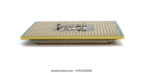Close up view of back side CPU (Central Processing Unit) or Microchip Computer isolated on white background with clipping path.Old technology