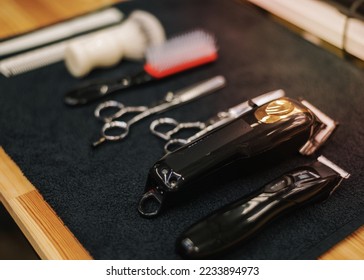 close up view barbershop accessories. Resolution and high quality beautiful photo - Shutterstock ID 2233894973