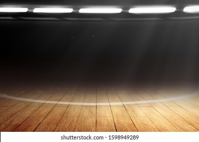 Close Up View Of A Basketball Court With Wooden Floor And Spotlights Over Dark Background