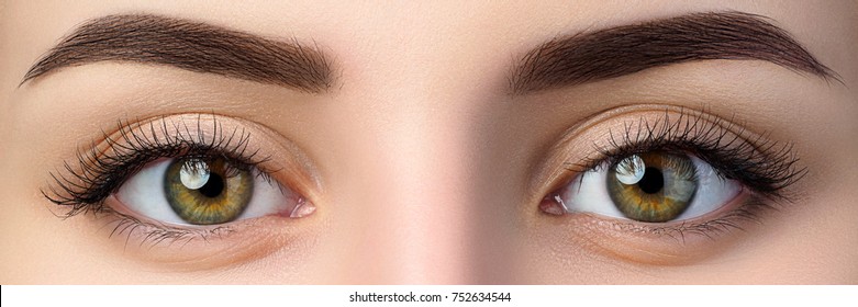 Nahaufnahme von schönen braunen weiblichen Augen. Perfekter, trendiger Augenbrauen. Gute Sicht, Kontaktlinsen, brauner Balken oder Modeaugen-Make-up-Konzept.