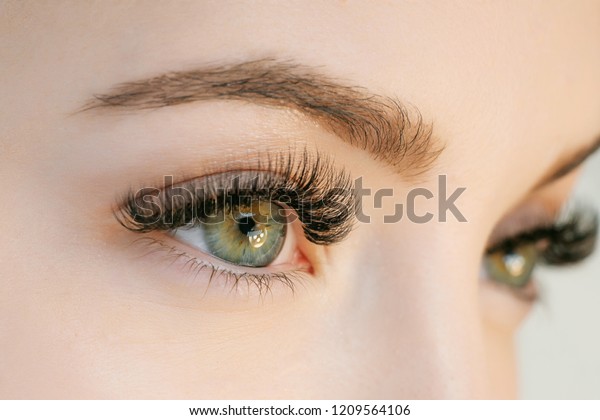 美しい緑の女性の目と長いまつげ 滑らかな健康な肌の接写 まつげ伸長手順 完璧なトレンディ眉毛 視覚 コンタクトレンズ 目の健康とケア の写真素材 今すぐ編集