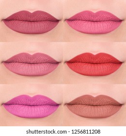 Close up view of beautiful woman lips with many colors matt lipstick. 