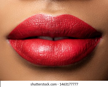 Close Up View Of Beautiful Woman Lips With Red Lipstick. Fashion Make Up. Cosmetology, Drugstore Or Fashion Makeup Concept. Studio Shot