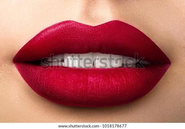 Close View Beautiful Woman Lips Red Stock Photo (Edit Now) 1018178677