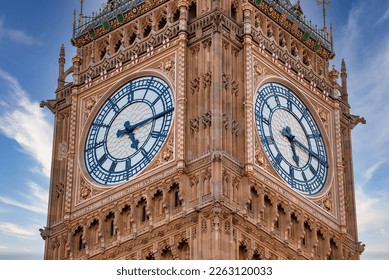Close up view of the Big Ben clock tower and Westminster in London. Amazing details after renovation of the Big Ben.
