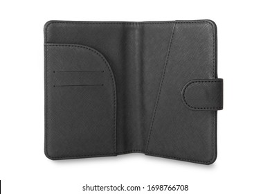 A Close View Of A Black Leather Open Passport Case Isolated On White Background.