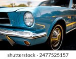 Close up view of blue classic American muscle car.