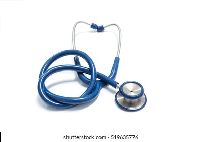 Close up view of blue stethoscope over isolated white background
