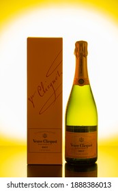 Close up view of bottle of authentic french brut champagne Veuve Cliqcuot. alcohol concept. Uppsala. Sweden. 01.06.2021.