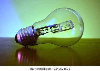 A close up view of bright led bulb isolated on a brown wooden table with gradient color background. A representing environmental conservation. - Powered by Shutterstock