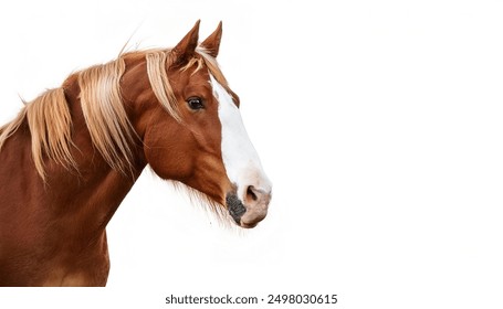 close up view of a brown horse with mane hair showing.  isolated on white background with copy space. cute adorable farm livestock mammal animal concept - Powered by Shutterstock