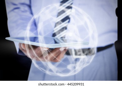 Close up view of businessman using tablet computer against shiny futuristic technological background - Powered by Shutterstock - Get 15% off with code: PIKWIZARD15