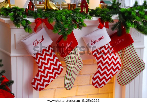 Close View Christmas Stockings Hanging On Stock Photo (Edit Now) 512563333