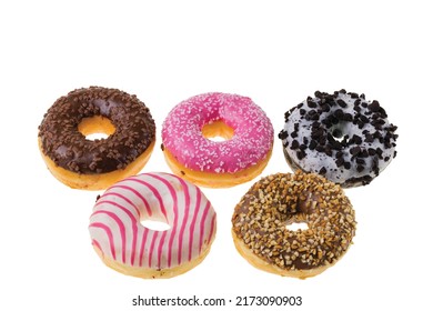 Close Up View Of Colorful Donuts Types Of Olympic Symbols Isolated On White Background. 