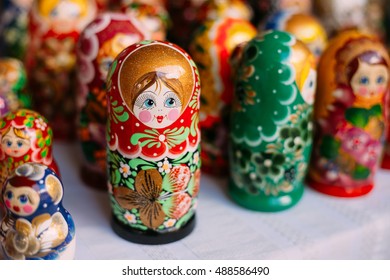 Close View Of The Colorful Matryoshka, The Traditional Russian Nesting Dolls, The Famous Old Wooden Souvenir At The Showcase.