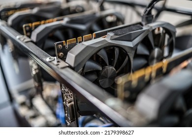 Close up view of computer graphics in cryptocurrency mining rig