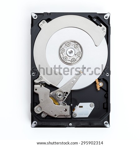 Close up view of a computer hard drive isolated on a white background.