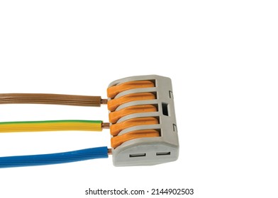 Close up view of connected electrical cables for electrical wiring with connector quick connector. Sweden.