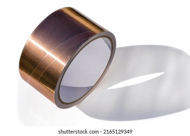 Close Up View Of Copper Tape Roll For Snail Protection Isolated On White Background. 