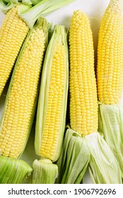 Close up view of corn on the cob. Top view, flat lay