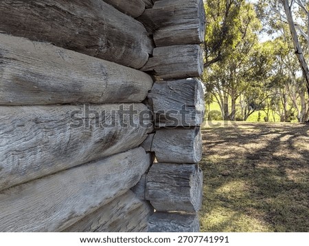 A close up view of the corner construction on the historic log jail in Carisbrook, Victoria, Australia.