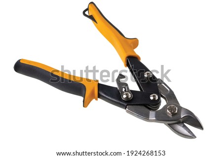 Close up view of cutter for sheet metal on white background isolated. Working tools concept.