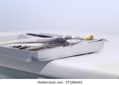 Close View Of Dental Pliers Holding A Wisdom Tooth With An Amalgam Seal