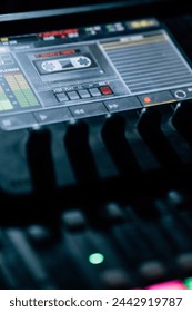 Close up view of digital mixing console in the dark. Luminous buttons, controls and display