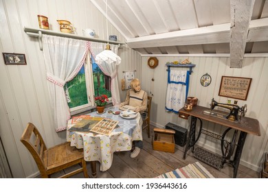 Close Up View Of Dollhouse Interior Introducing Traditional Old Scandinavian Interior. 03.15.2021.Åby, Sweden