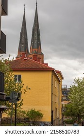 Close up view of domes of famous Uppsala Cathedral. Sweden. Europe.