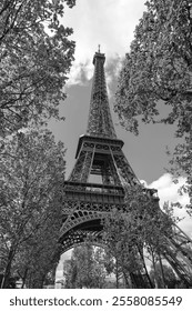 Close view of the Eiffel Tower, with matte black and white effect
