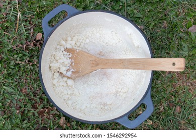 A Close Up View Of The Empty Pot That Had South African Fluffy White Mealie Meal Cooked In It 