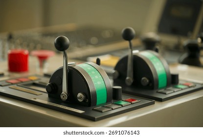 Close up view of engine controls fitted on the bridge of a merchant ship underway at sea