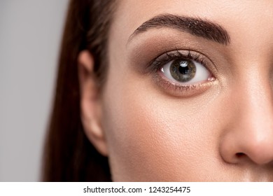 close up view of eye on female face, isolated on grey - Shutterstock ID 1243254475