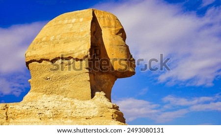 Close up view of the face of the Great Sphinx of Giza,said to resemble Pharaoh Khafre with its damaged nose on a bright sunny day on the Giza plateau near Cairo,Egypt